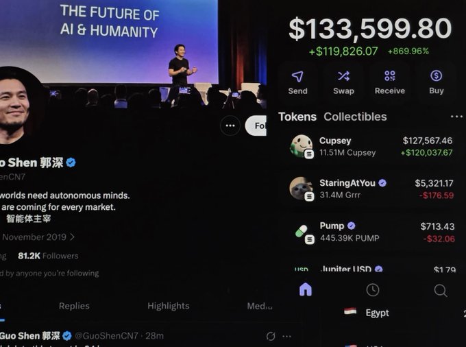 The image shows a Twitter/X profile of "Guo Shen 郭深" (@GuoShenCN7) alongside a crypto portfolio displaying holdings worth $133,599.80, featuring "Cupsey" at $127,567.46 (+$120,037.67), supporting the post's claim about buying Cupsey early and seeing massive gains.

The left side shows his profile with 81.2K followers under "The Future of AI & Humanity" theme, while the right displays the dramatic token appreciation that the giveaway post celebrates.