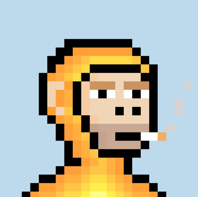 A pixel art portrait of a person with orange hair wearing an orange hood, smoking a cigarette against a light blue background.