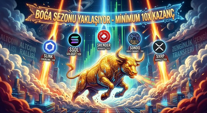 A promotional graphic features a golden bull charging forward amid clouds and lightning, with cryptocurrency coin icons (SLINK, SSOL, SRENDER, SONDO, SXRP) and Turkish text reading 'BOĞA SEZONU YAKLAŞIYOR - MİNİMUM 10X KAZANÇ' meaning 'Bull season is approaching - Minimum 10x gain'.