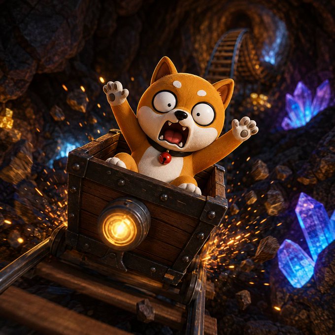 A 3D-rendered cartoon Shiba Inu dog with wide eyes screams in excitement while riding in a wooden minecart down tracks through a crystal-filled cave.