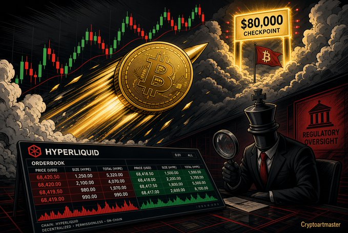 A cryptocurrency illustration by 'Cryptoartmaster' depicting a Bitcoin rocket soaring toward an '$80,000 CHECKPOINT' flag, with a 'HYPERLIQUID' orderbook interface displayed below and a chess-piece-headed figure representing 'REGULATORY OVERSIGHT' observing from the side.