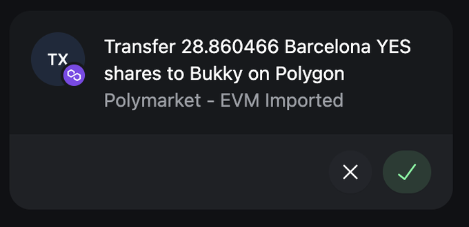 A confirmation dialog prompt asking to 'Transfer 28.860466 Barcelona YES shares to Bukky on Polygon Polymarket - EVM Imported' with cancel and confirm buttons.