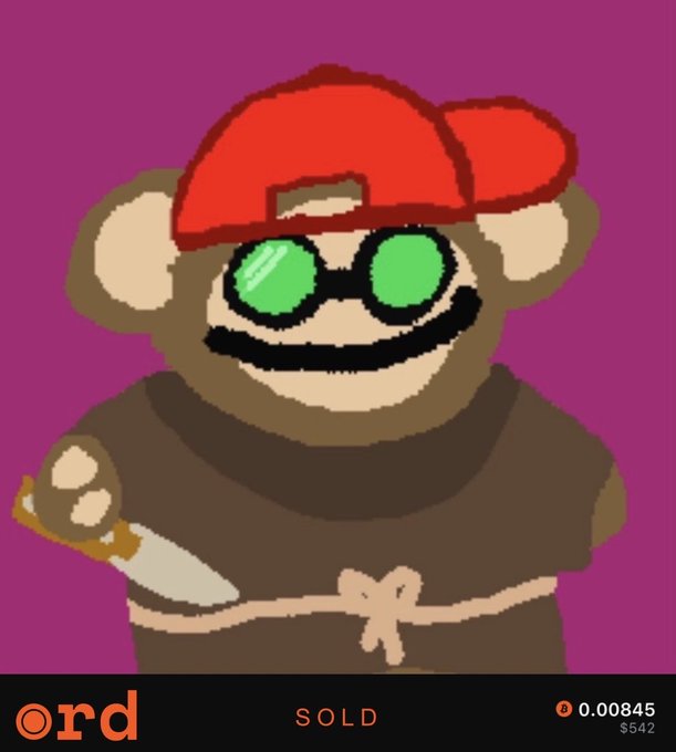 A digital illustration of a bear wearing a red backward cap, green sunglasses, and a brown shirt holding a knife, with 'ord' branding, marked 'SOLD' for 0.00845 ETH ($542).