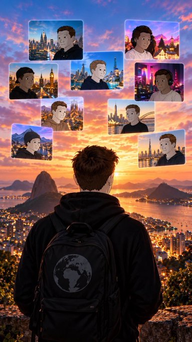 An illustrated person with a globe-decorated backpack stands overlooking a sunset cityscape with floating photo bubbles showing themselves in various global locations.