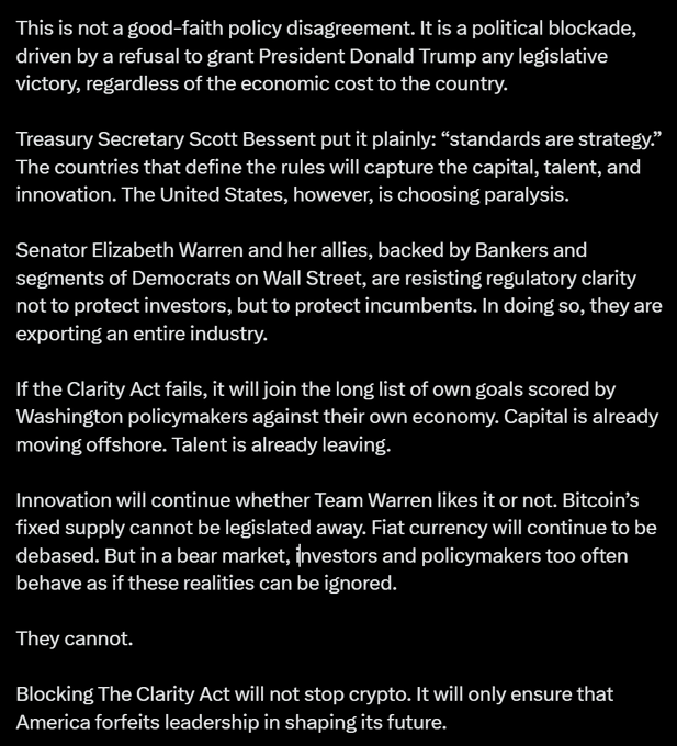 The image contains an excerpt from an opinion piece arguing that opposition to the Clarity Act is a "political blockade" against President Trump, with Treasury Secretary Scott Bessent quoted saying "standards are strategy," and criticism directed at Senator Elizabeth Warren for allegedly protecting incumbents. The text warns that blocking the bill will cause capital to move offshore and forfeit American leadership in crypto innovation—aligning with the post's urgent call for Senate Majority Leader Thune to bring the Clarity Act to a floor vote, particularly for the benefit of XRP ($XRP).