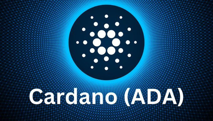 The Cardano (ADA) cryptocurrency logo is displayed against a blue glowing circular background.