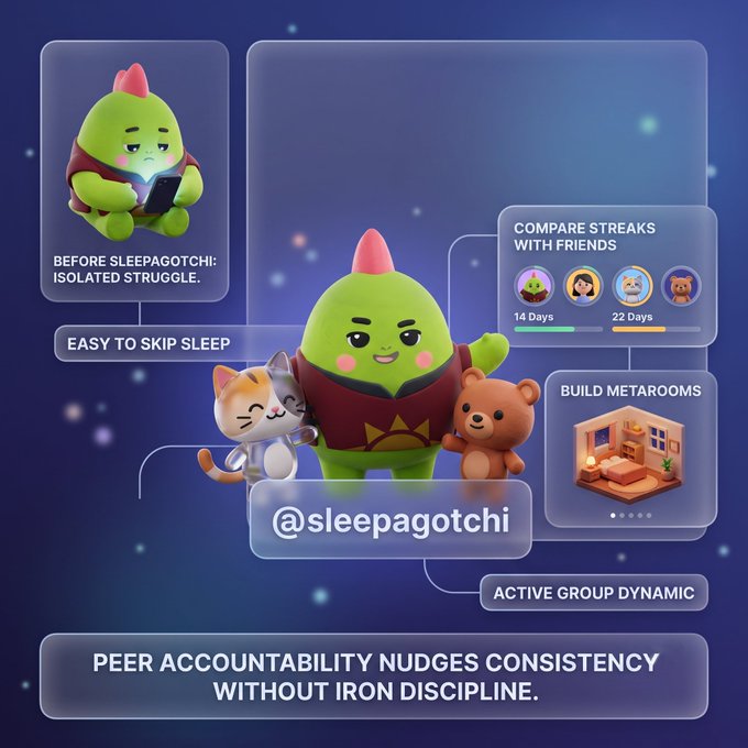Promotional graphic for '@sleepagotchi' featuring a green creature character, highlighting features like 'COMPARE STREAKS WITH FRIENDS', 'BUILD METAROOMS', and 'PEER ACCOUNTABILITY NUDGES CONSISTENCY WITHOUT IRON DISCIPLINE.'
