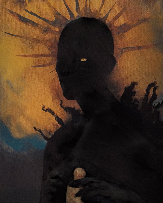 A dark, atmospheric digital painting featuring the shadowy silhouette of a bald figure with a single glowing yellow eye, set against a backdrop of a radiating golden sun and dark, reaching hand-like shapes.