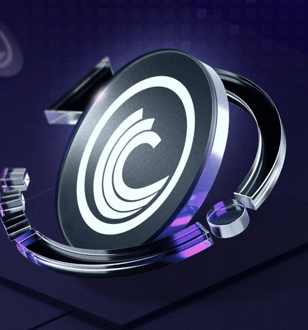 A 3D rendered image of a dark circular logo with a stylized white 'C' or spiral design, set against a purple background with metallic rings around it.