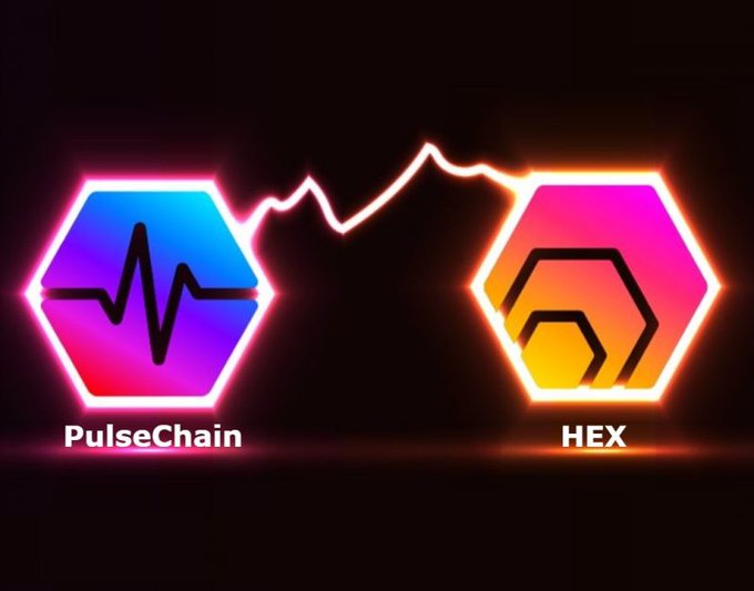 A graphic showing two glowing hexagonal cryptocurrency logos connected by a heartbeat-like line: 'PulseChain' on the left and 'HEX' on the right.