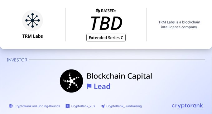 The image is a CryptoRank funding announcement showing TRM Labs' Extended Series C round with the amount listed as "TBD," led by investor Blockchain Capital. The graphic notes that TRM Labs is a blockchain intelligence company, aligning with the post's description of the funding round and lead investor.