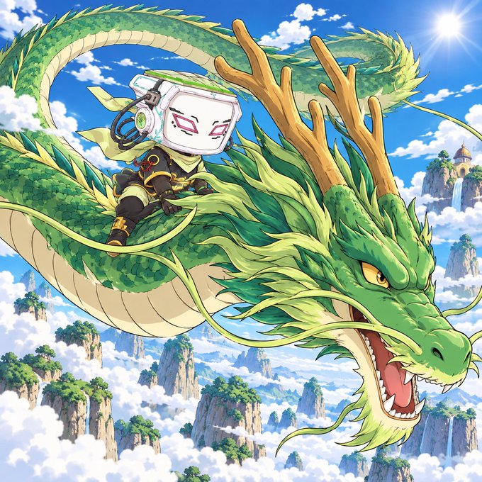 Anime illustration of a green eastern dragon flying through clouds with a rider wearing a futuristic white and green helmet.