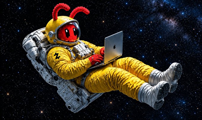 An astronaut in a yellow suit with a red, antennaed helmet floats in space on a mechanical chair while typing on a silver laptop against a starry galaxy backdrop.