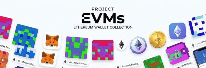 Promotional banner for 'PROJECT EVMs ETHEREUM WALLET COLLECTION' displaying pixelated NFT avatars, Shiba Inu dog icons, and Ethereum cryptocurrency logos.