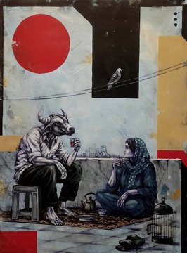 The artwork, titled "Persian Tea," depicts a surreal scene of a bull-headed figure in casual attire sharing tea with a woman wearing a hijab, set against a backdrop featuring the Japanese rising sun flag and a small bird. This triptych by @matak_57 on @TransientLabs blends cultural symbols and anthropomorphic elements to create a thought-provoking narrative about connection and shared humanity.