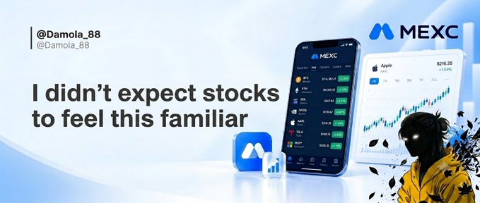 A MEXC promotional banner featuring a tweet from @Damola_88 stating 'I didnt expect stocks to feel this familiar,' showing the MEXC mobile app interface displaying Apple stock at $216.35.