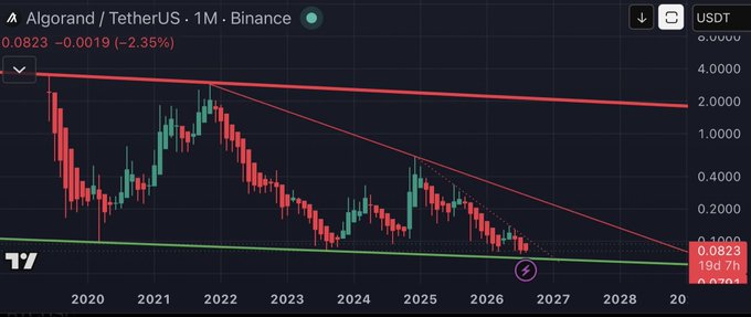 A financial chart on TradingView shows the price of 'Algorand / TetherUS' from Binance on a 1-month timeframe, with the current price at '0.0823' down '-2.35%'.