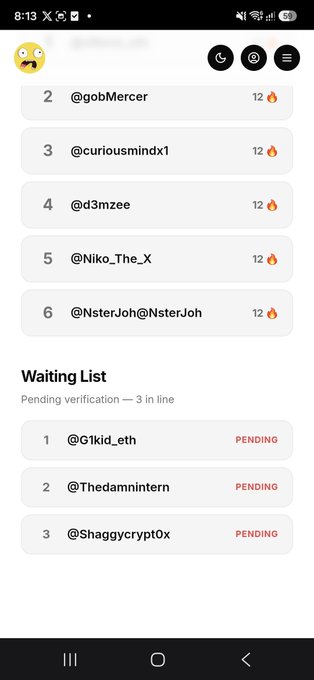 Mobile app screenshot displaying a numbered list of usernames (2-6) with fire emojis, followed by a 'Waiting List' with three pending entries: @G1kld_eth, @Thedamnintern, and @Shaggycrypto0x.