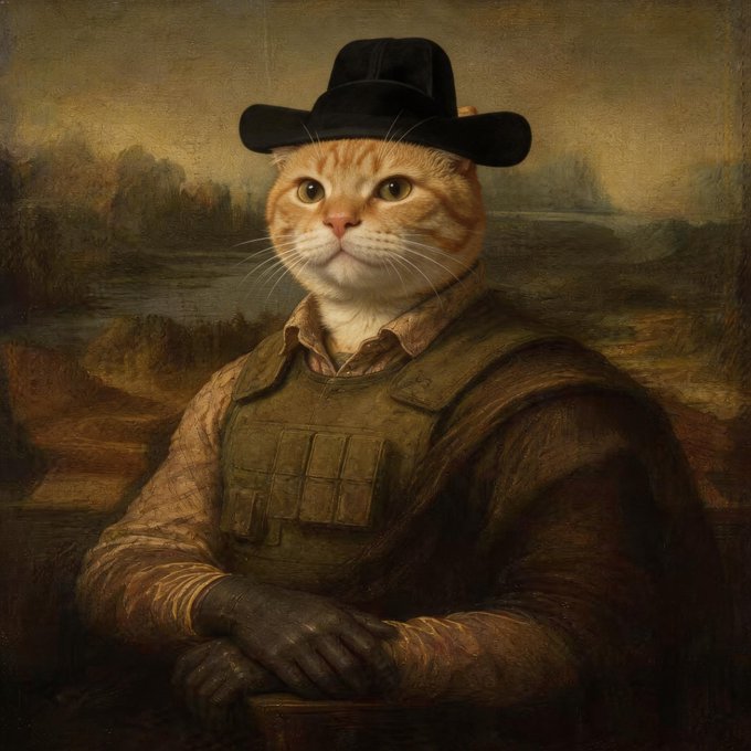 A Renaissance-style portrait painting featuring a cat's face composited onto a human figure wearing a cowboy hat and tactical vest, in the style of a classical European portrait.