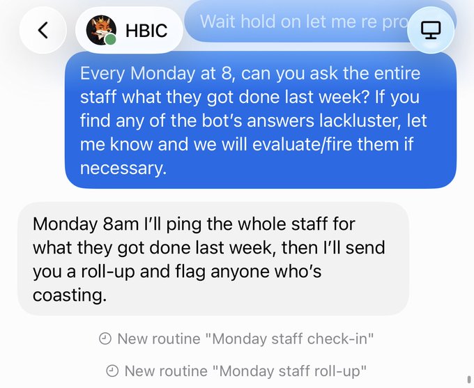The image shows a chat interface with user "HBIC" instructing their AI assistant to send weekly Monday check-ins to staff at 8am, prompting them to report last week's work, and flag underperformers for potential firing. The accompanying post references a "Chief of Staff Grok Bot" that will "DOGE" (monitor/audit) the team every Monday, directly tying to the conversation shown where two automated routines—"Monday staff check-in" and "Monday staff roll-up"—are being established for weekly accountability tracking.