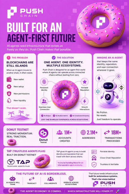 A bright pink and purple infographic for Push Chain, promoting their blockchain infrastructure as 'BUILT FOR AN AGENT-FIRST FUTURE,' featuring a large pink frosted donut logo and statistics from their Donut Testnet including 1M+ accounts, 2.1M+ addresses, and 18M+ transactions processed.