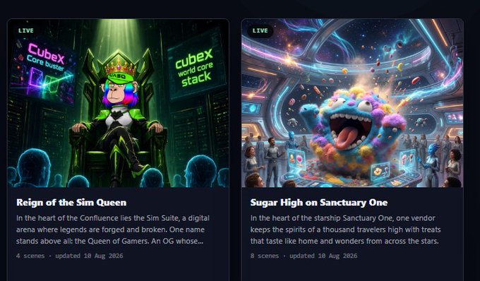 A dark-themed dashboard displaying two featured stories: "Reign of the Sim Queen" about a digital arena called Sim Suite in the Confluence, and "Sugar High on Sanctuary One" about a candy vendor on a starship, both updated 18 Aug 2026.