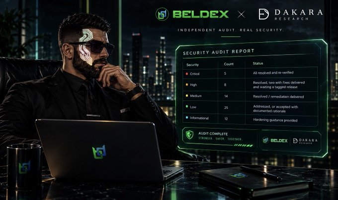 A promotional graphic for BELDEX and DAKARA Research showing a man with a futuristic headset interface and a security audit report displaying critical, high, medium, low, and informational statuses.
