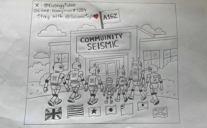 A hand-drawn illustration showing robots walking together under a 'Community Seismic' sign, with social media handles '@DuongFakee' and '@SeismicSys' and 'A16Z' written at the top.