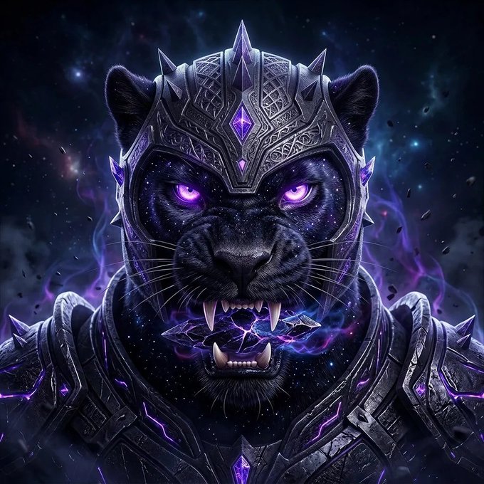 A digital artwork of a black panther wearing ornate dark armor with purple gems, featuring glowing purple eyes and a cosmic background.