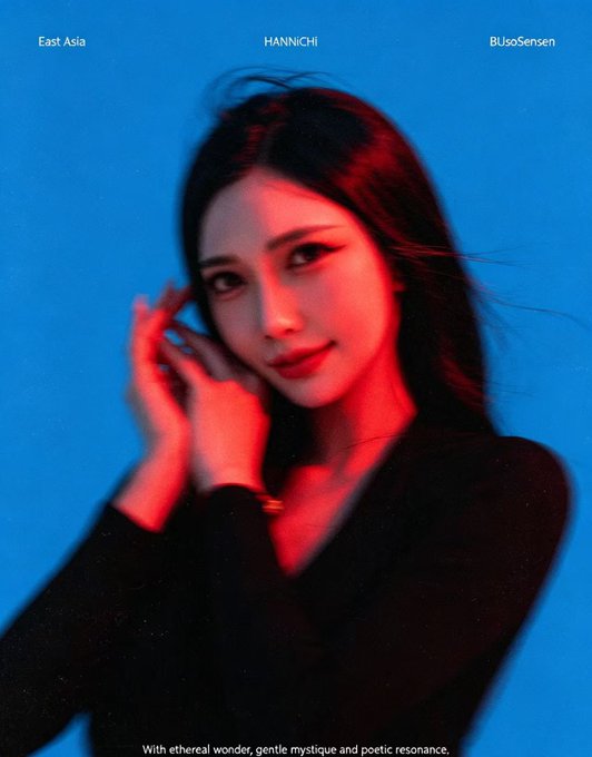 A stylized portrait of a woman bathed in red light against a blue background, labeled 'HANNICHI' with text 'East Asia' and 'BlusoSensen' and the phrase 'With ethereal wonder, gentle mystique and poetic resonance.'
