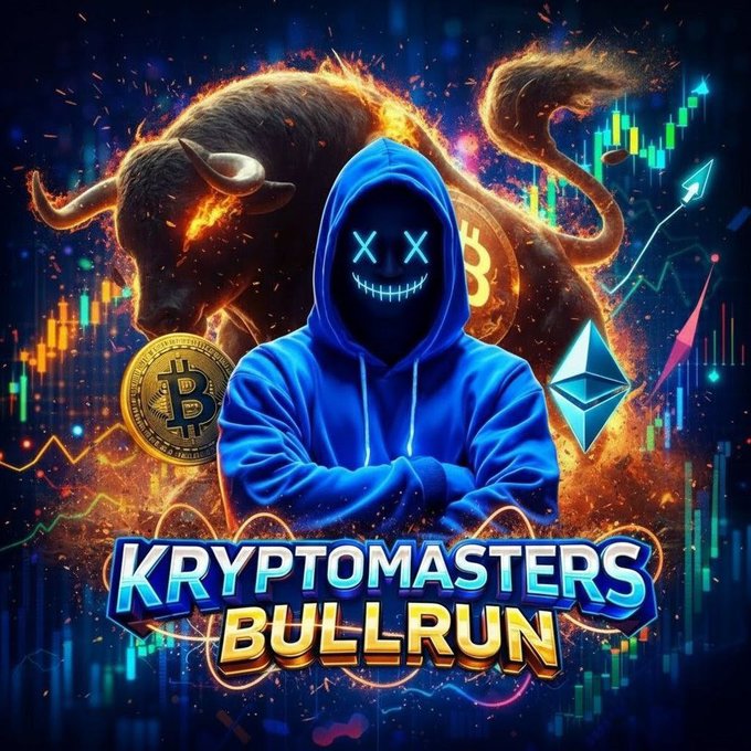 A vibrant digital artwork titled 'KRYPTOMASTERS BULLRUN' depicting a hooded figure with a neon-lit mask standing in front of a fiery bull, Bitcoin and Ethereum logos, and colorful stock chart lines.
