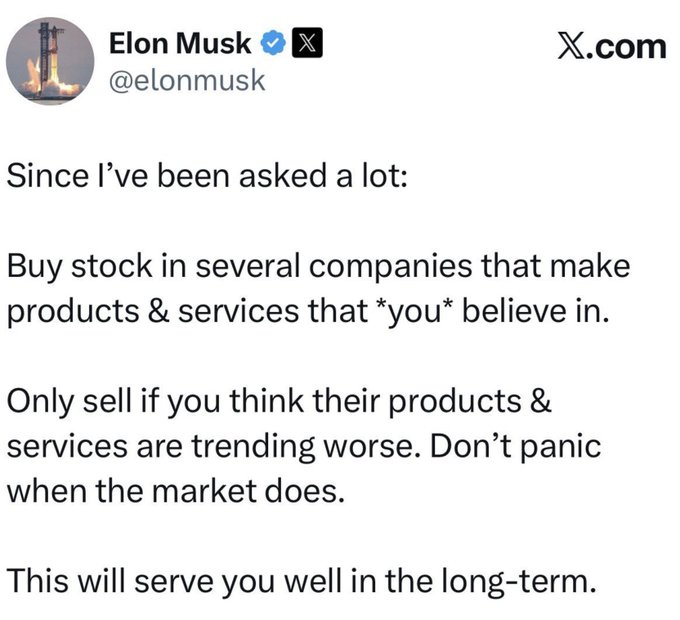A screenshot of a tweet from Elon Musk (@elonmusk) on X.com giving stock market advice: 'Since I've been asked a lot: Buy stock in several companies that make products & services that *you* believe in. Only sell if you think their products & services are trending worse. Don't panic when the market does. This will serve you well in the long-term.'