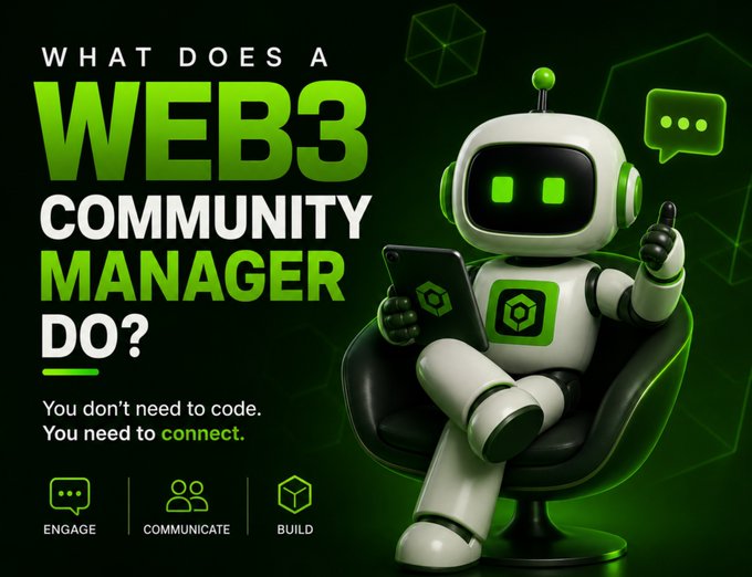 A green-themed graphic asking 'WHAT DOES A WEB3 COMMUNITY MANAGER DO?' with the response 'You don't need to code. You need to connect,' featuring a robot holding a phone alongside icons for Engage, Communicate, and Build.