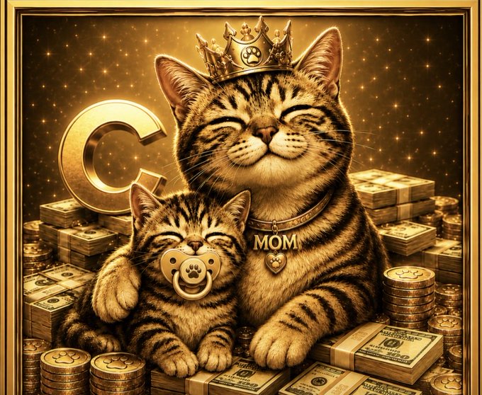 A golden-toned illustration of a tabby cat wearing a crown with a "MOM" tag, embracing a kitten with a pacifier, surrounded by stacks of money and coins, alongside a large letter "C".