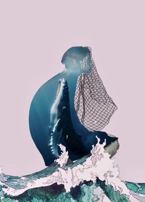 A surreal digital artwork featuring a blue whale breaching out of stylized waves, with a human figure wrapped in a fishing net emerging from the whale's body against a pale pink background.