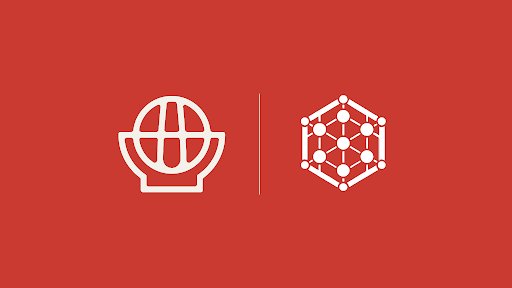 Red graphic displaying two white icons: a globe on the left and a hexagonal blockchain-like structure on the right, separated by a vertical line.