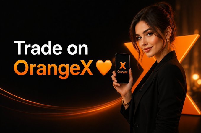 A woman in a black blazer holds up a phone displaying the "OrangeX" logo against a dark background with orange neon accents and an orange heart next to the bold text "Trade on OrangeX." The accompanying post promotes trading various meme coins on the OrangeX platform, and the image directly serves as branded advertisement featuring the OrangeX app.