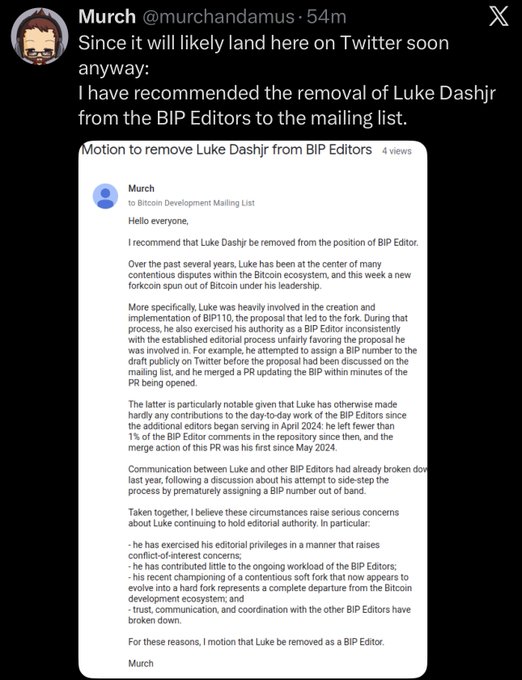 A screenshot of a tweet by user @murchandamus on X showing a motion to remove Luke Dashjr from his position as a BIP Editor, citing concerns about editorial privileges, minimal contributions to ongoing BIP work, and his recent involvement in a contentious Bitcoin fork, posted amid broader community controversy over Dashjr's editorial influence and the resulting split.