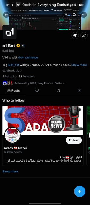 A mobile Twitter/X profile page for 'o1 Bot' (@o1_bot), described as a 'Vibing with @o1_exchange' AI that turns posts into content, with a 'Who to follow' section recommending 'SADA NEWS' (@sada_news5).