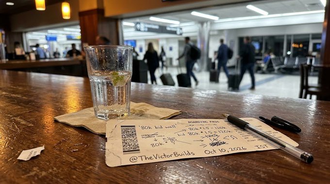 A photo of a wooden bar/counter with a half-empty glass of water, a napkin, a pen, and a handwritten boarding pass note for an 80k kid wall dated Oct 10, 2026, signed @TheVictorBuilds, with travelers walking through an airport terminal in the blurred background.