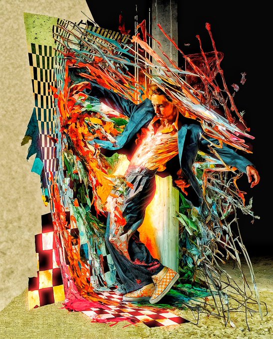 An abstract, digital art-style image showing a figure in a dark jacket bursting forward amid chaotic splashes of red, orange, and green colors against a checkered background.