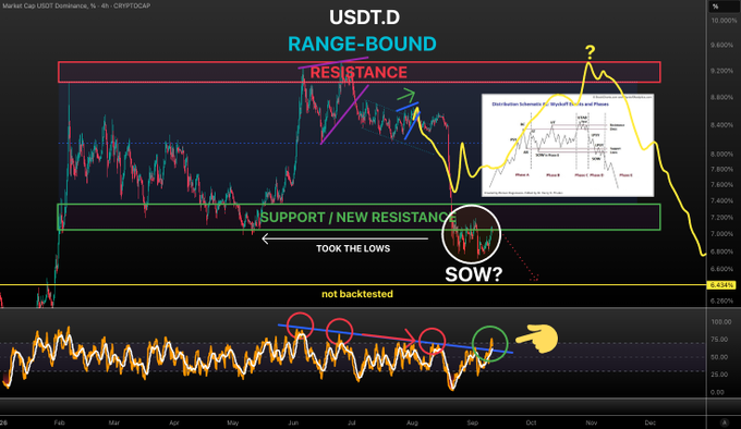 A technical analysis chart of USDT.D (USDT Dominance) labeled 'RANGE-BOUND' with annotations marking 'RESISTANCE', 'SUPPORT / NEW RESISTANCE', 'TOOK THE LOWS', 'SOW?', and 'not backtested' in the RSI indicator below.