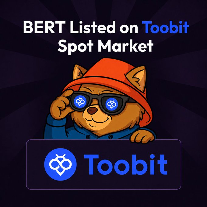 Promotional graphic for 'BERT Listed on Toobit Spot Market' featuring a cartoon bear mascot in a red hat and sunglasses with the Toobit logo.