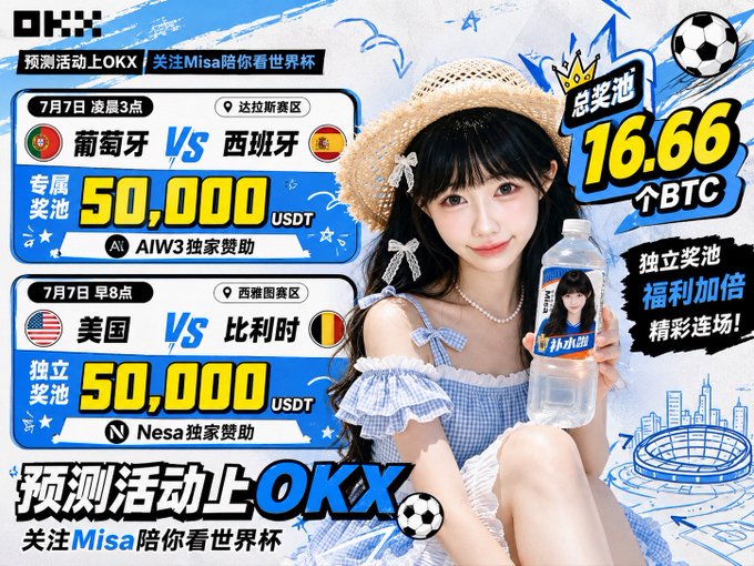 OKX World Cup prediction event advertisement similar to the previous, featuring a young woman in a blue off-shoulder top holding a water bottle, promoting Portugal vs Spain and USA vs Belgium matches with 50,000 USDT prize pools.