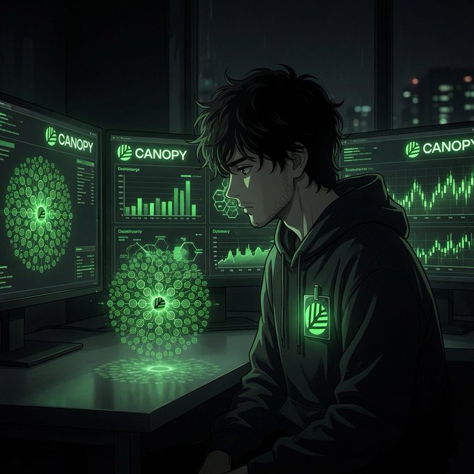 A developer sits in a dark room with messy dark hair, wearing a hoodie branded with the "CANOPY" logo, working at a multi-monitor setup displaying "CANOPY" dashboards, charts, and a glowing green holographic project tree—visually reflecting how @CNPYNetwork's templates collapse complex infrastructure layers into simple, intuitive app-like code.
