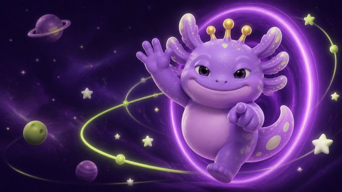 A purple cartoon axolotl character wearing a crown waves at the viewer against a cosmic space background with planets and stars.