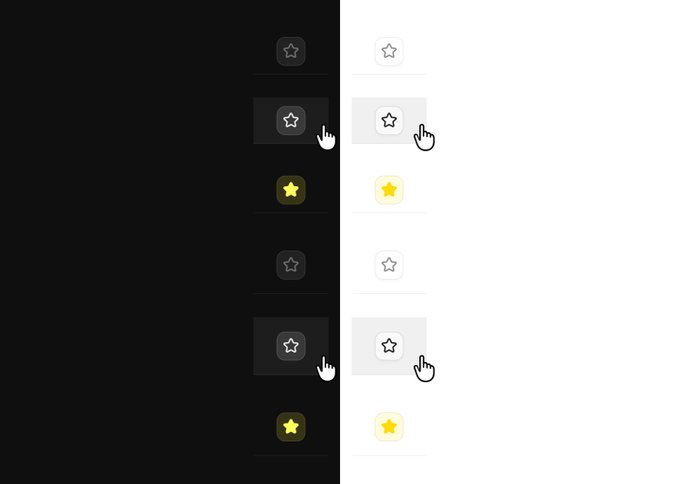 UI comparison showing two columns of star/favorite icons with hover states and click interactions, featuring cursor pointers over both outlined and filled yellow stars on dark and light backgrounds.
