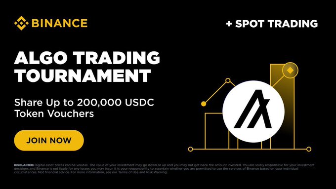 A Binance promotional banner for an "ALGO TRADING TOURNAMENT" offering "Share Up to 200,000 USDC Token Vouchers" with a "JOIN NOW" button, labeled "SPOT TRADING" in the top right corner.