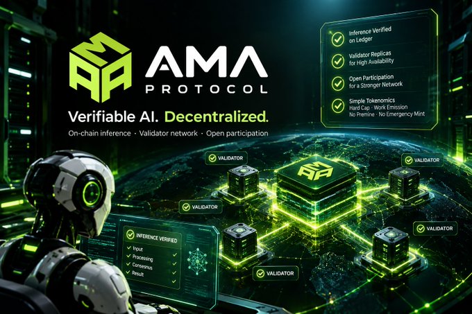 A digital promotional graphic for "AMA Protocol" highlights verifiable AI and decentralized features with green-accented checkmarks listing "Inference Verified on Ledger," "Validator Replicas for High Availability," "Open Participation for a Stronger Network," and "Simple Tokenomics," alongside an illustration of a robot and validator nodes on a globe.