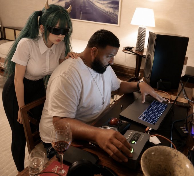 A man sits at a desk focused on his laptop, which is connected to audio equipment, while a woman with long teal hair and small horns leans over his shoulder watching the screen—showing a creative workspace or "trading setup" with wine glasses, a mouse, and a studio speaker nearby.